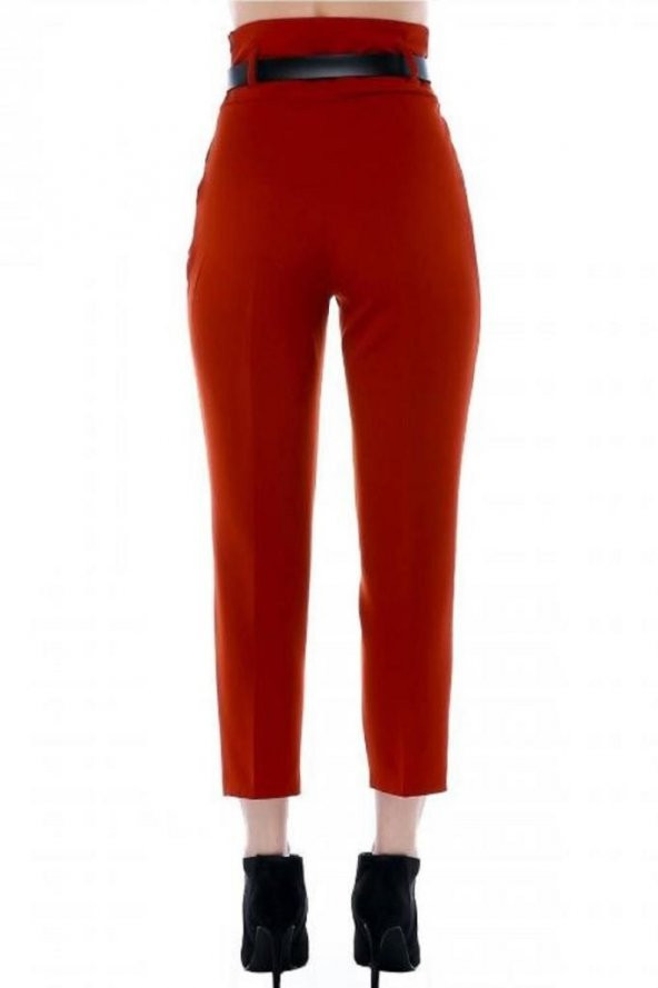 Yüksek Bel Deri Kemerli Kiremit Bilek Kadın Pantolon - 3