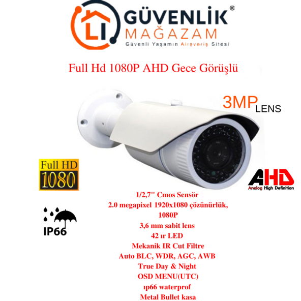 Ahd Full Hd 1080p 3.6mm Lens 42 Led Gece Görüşlü Dış Mekan Kamera