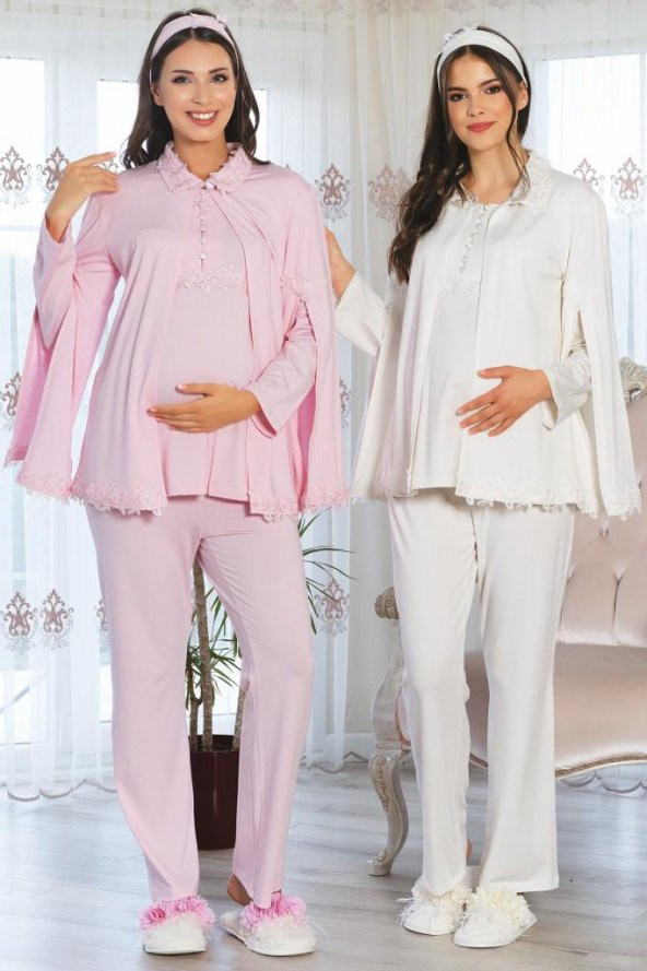 MECİT 5104 PELERİNLİ HAMİLE LOHUSA 3 LÜ PİJAMA SABAHLIK TAKIM ürün görseli