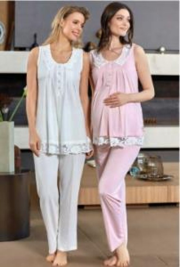 BONE CLUB 4507 HAMİLE LOHUSA YAKA DANTELLİ LOHUSA PİJAMA TAKIM - 2