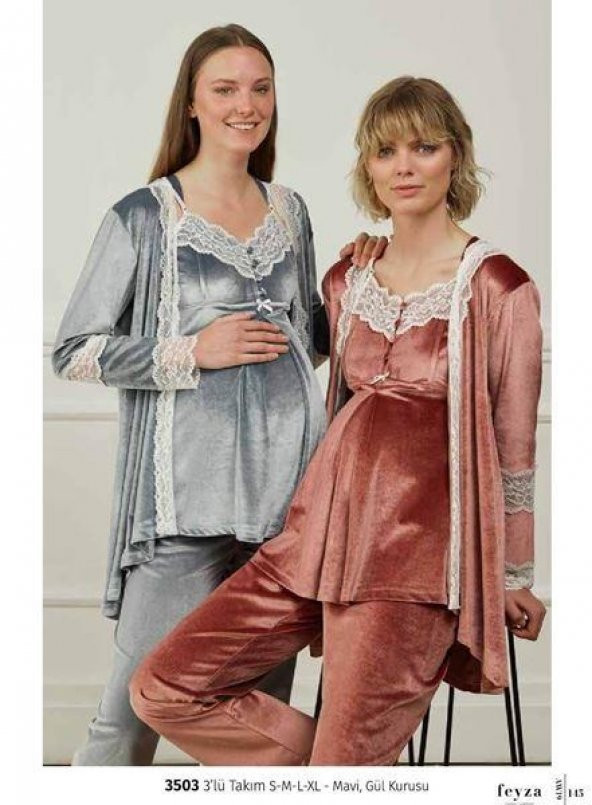 Kadın Kadife  3503 Hamile Lohusa 3Lü Pijama Sabahlık Takım