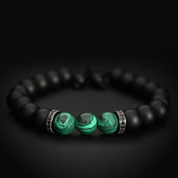 Alnis Atelier Zirkon Aparatlı Malahit ve Mat Oniks Doğaltaş Erkek Bileklik