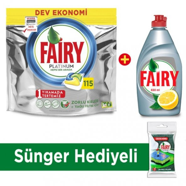 Fairy Platinum 115 Yıkama + Fairy Platinum 650 ml Sıvı + Sünger