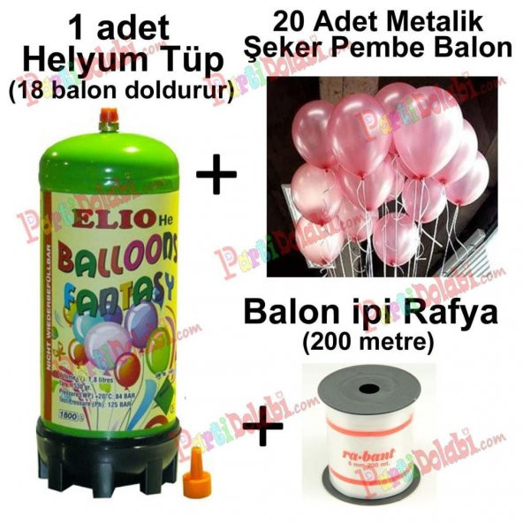 Helyum Gazı Tüp+20 Adet Metalik Pembe Uçan Balon+İpi - 2