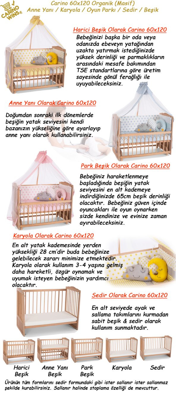 Carino Organik Boyasız 60X120 Mavi Yıldızlı Anne Yanı Beşik - 4
