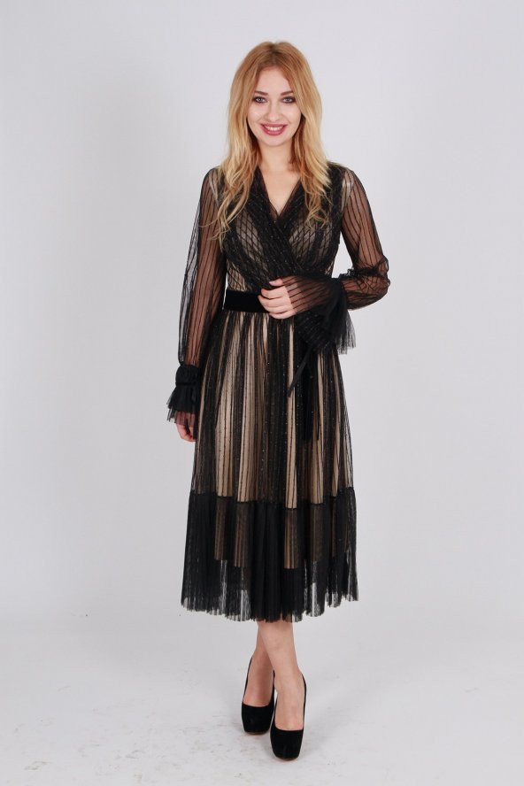 İÇİ KREM ASTARLI KEMER DETAYLI TÜL ABİYE ELBİSE SİYAH - 2