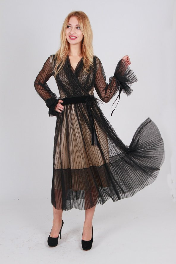 İÇİ KREM ASTARLI KEMER DETAYLI TÜL ABİYE ELBİSE SİYAH - 3