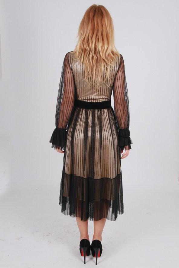 İÇİ KREM ASTARLI KEMER DETAYLI TÜL ABİYE ELBİSE SİYAH - 7