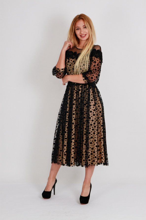 KADİFE NOKTA DESENLİ KÜPÜR DETAYLI TÜL ABİYE ELBİSE SİYAH - 2