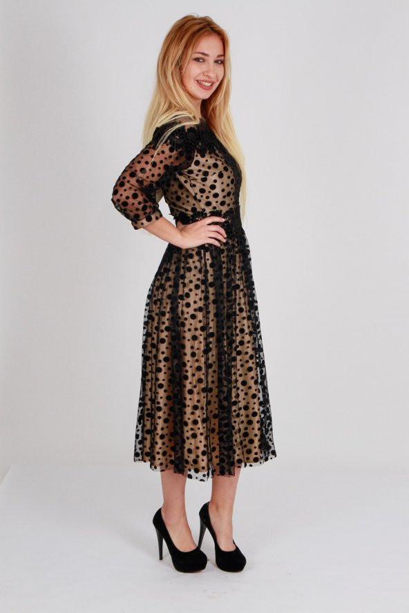 KADİFE NOKTA DESENLİ KÜPÜR DETAYLI TÜL ABİYE ELBİSE SİYAH - 5