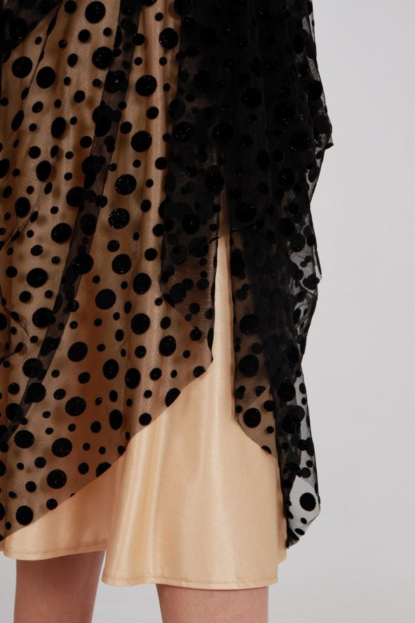 KADİFE NOKTA DESENLİ KÜPÜR DETAYLI TÜL ABİYE ELBİSE SİYAH - 6