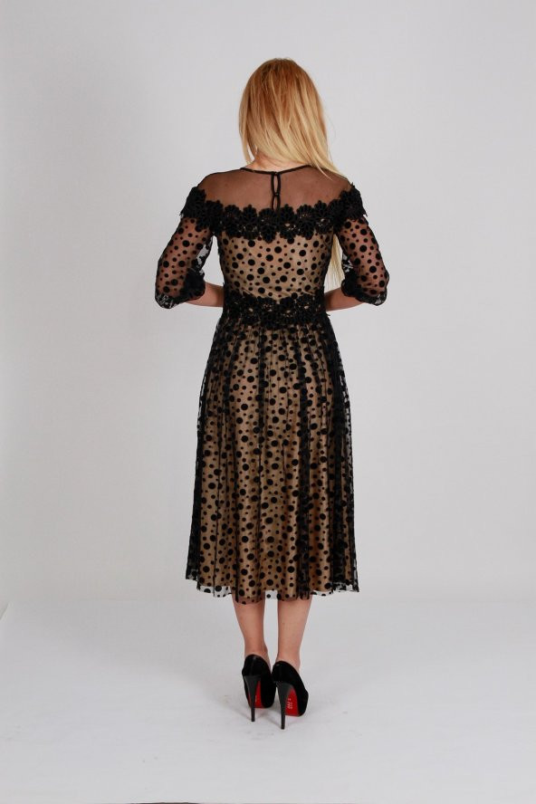 KADİFE NOKTA DESENLİ KÜPÜR DETAYLI TÜL ABİYE ELBİSE SİYAH - 7