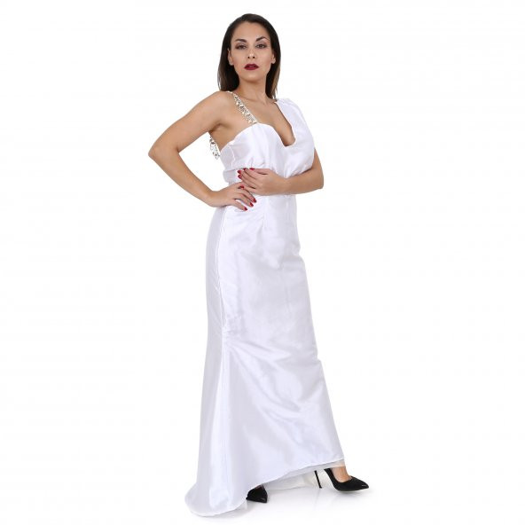 Tantrona Beyaz Saten Swarovski Taşlı Uzun Abiye Tasarım Elbise
