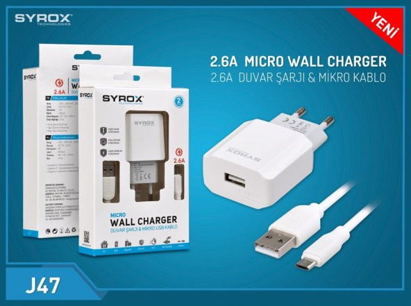 (YENİ) Syrox J47 Micro USB Girişli 2.6 Amper Samsung Huewei Hızlı Şarj Aleti Cihazı Adaptör+Kablo