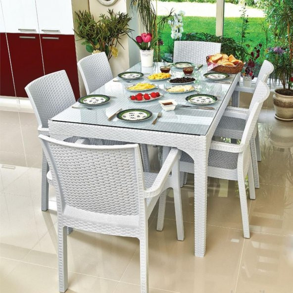Holiday Markiz Rattan Camlı Bahçe Balkon Masa Takımı 6 Sandalyeli