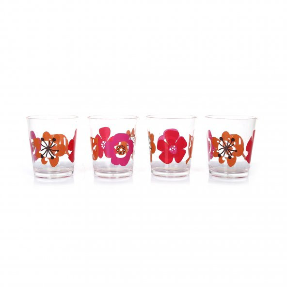 Su Bardağı 4 Lü Set Kırmızı Papatya Desenli - 2