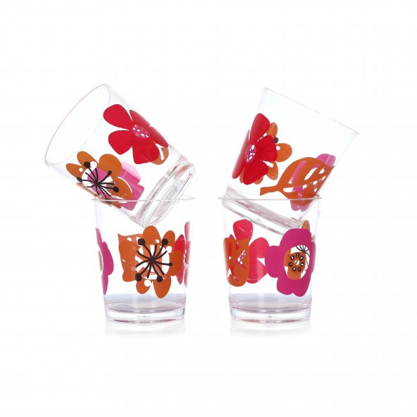 Su Bardağı 4 Lü Set Kırmızı Papatya Desenli - 4
