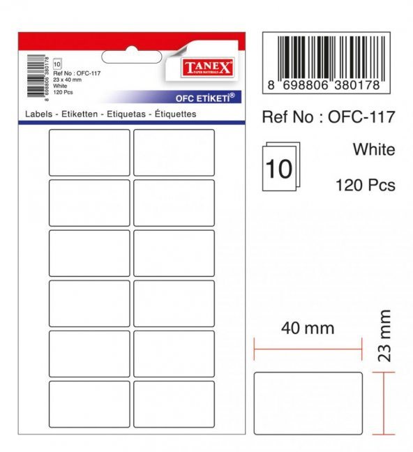Tanex BEYAZ Ofis Etiketi 23mmX40mm 10.yaprak (120 Etiket) ürün görseli 1
