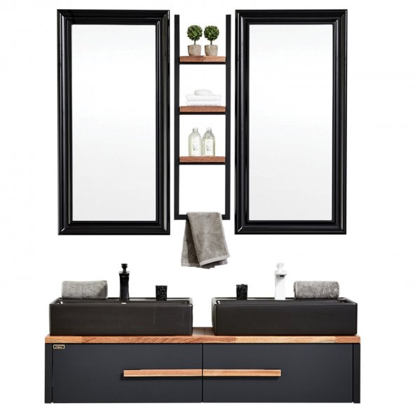 Gold Ban-yom Albero 130 cm Banyo Dolabı + 2 Adet Seramik Lavabo - 1