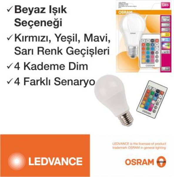 Osram Led Uzaktan Kumandalı Renk Değiştiren 9W 806 LM E27 Ampul Beyaz + Sarı