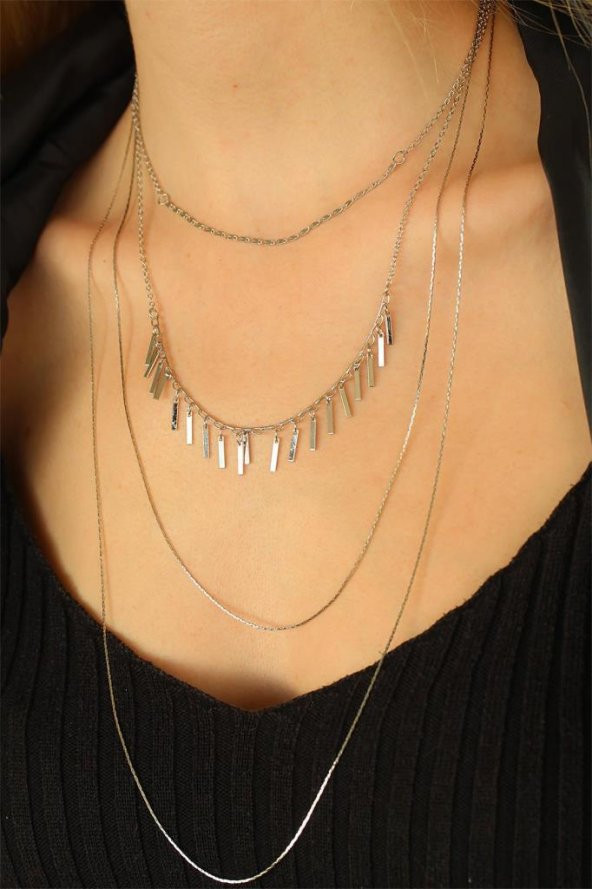 Gümüş Renkli Çoklu Bayan Metal Zincirli Kolye - 2