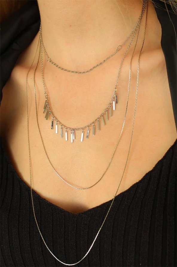 Gümüş Renkli Çoklu Bayan Metal Zincirli Kolye - 4