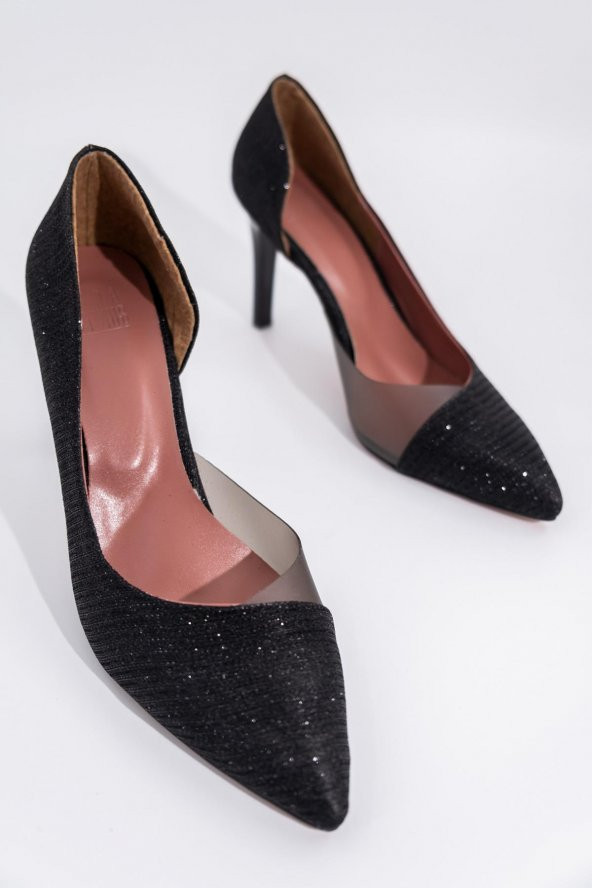 Siyah Simli Şeffaf Stiletto Topuklu Kadın Ayakkabı - Lotus - 4