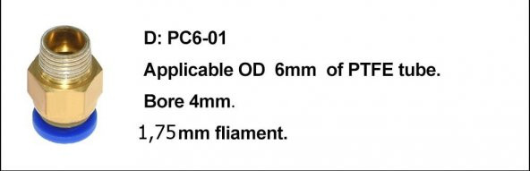 3D Yazıcı Pnömatik konnektör PC6-01  fla 1,75mm x 1 adet