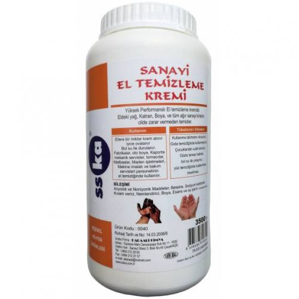 SSKA Sanayi El Kremi / Sanayi Tipi Pütürlü El Sabunu / 3500 Gr. / Pompalı
