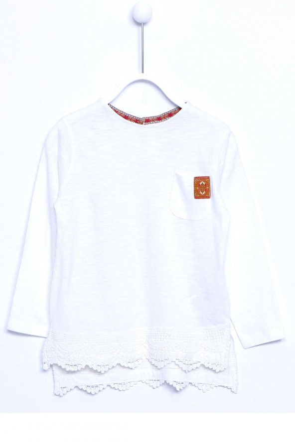 Beyaz Renkli Bluz Örme Uzun Kollu Dantel İşlemeli Nakışlı Tişört Kız Çocuk |BK 210433