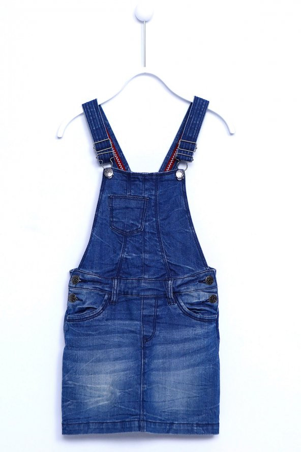 Koyu Denim Renkli Kot Etek Denım Cepli Salopet Elbise Kız Çocuk |CT 210801 - 1