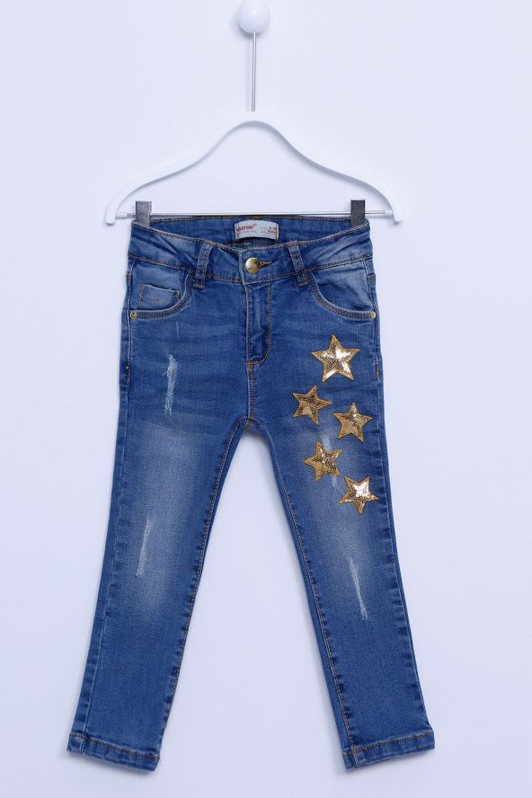 Açık Denim Renkli Kot Pantolon Yıkamalı Yıldız Pul İşlemeli Denim Kot Pantolon Kız Çocuk |PC-213062