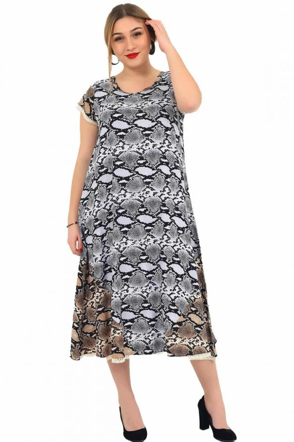 Günay Kadın Büyük Beden Elbise Art7254 İlkbahar Yaz O Yaka Rahat Kesim-KAHVERENGİ