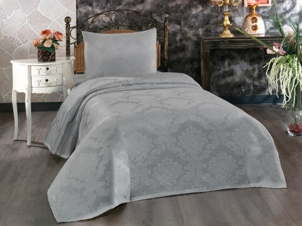 Busem Jakarlı Şönil Tek Kişilik Yatak Örtüsü Gri ürün görseli