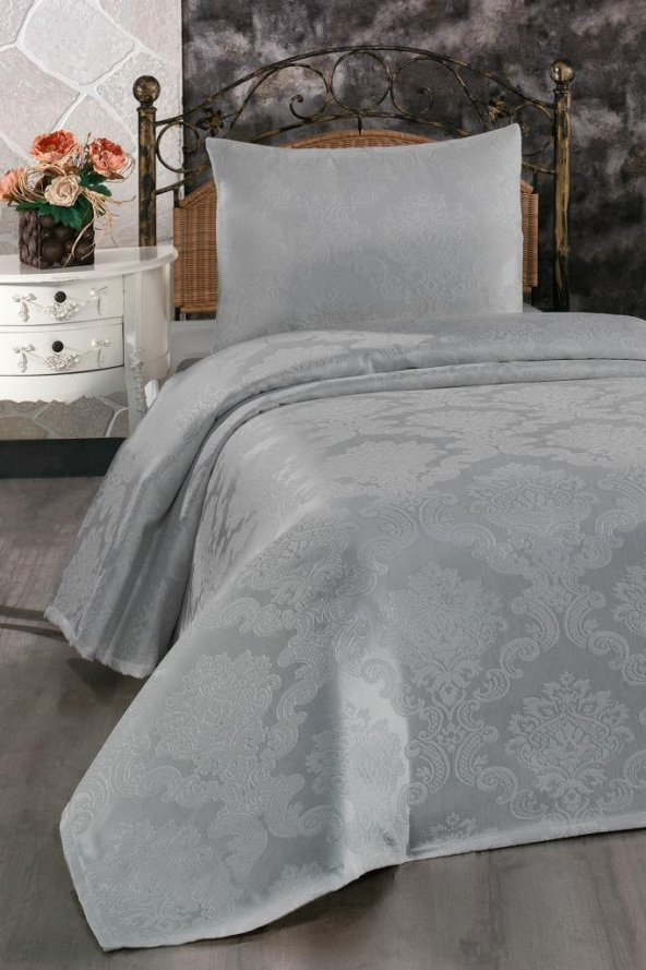 Busem Jakarlı Şönil Tek Kişilik Yatak Örtüsü Gri - Resim 2