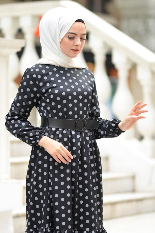Puantiyeli Tesettür Elbise TSD6041 Siyah - 2