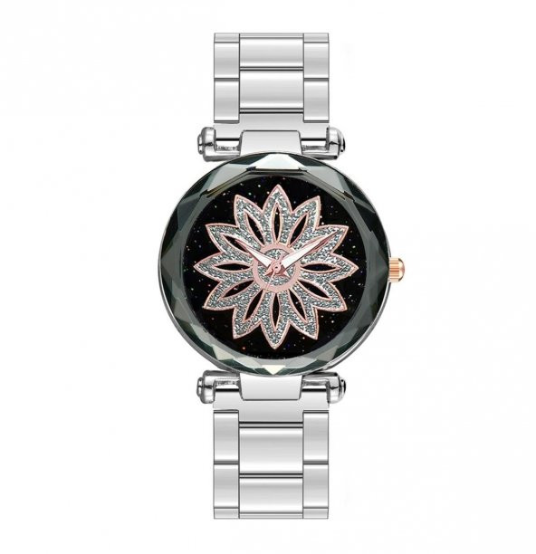Gümüş Renk Metal Kordon Çiçek Detaylı Kadın Kol Saati