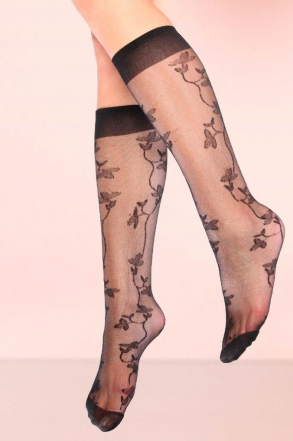 Mite Love Sarmaşık Desenli Dizaltı Kadın Çorap Siyah