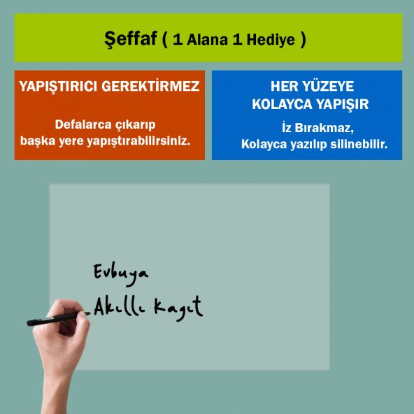 Akıllı Kağıt - 100x120 Cm Şeffaf, 1 Alana-1 Bedava Yapışkansız, Bantsız Tutunan Yazı Tahtası - 2