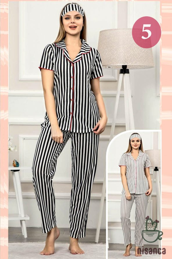 Kadın Retro Biyeli Önden Düğmeli Çizgili Pijama Takımı