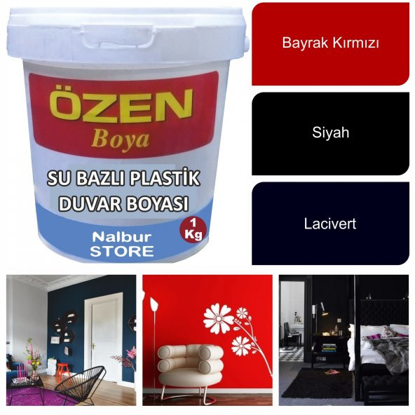 Su Bazlı Plastik İç Cephe Duvar Boyası 1KG-Siyah-Bayrak Kırmızı-Lacivert-Kolay Uygulanır-Dekoratif - Resim 2