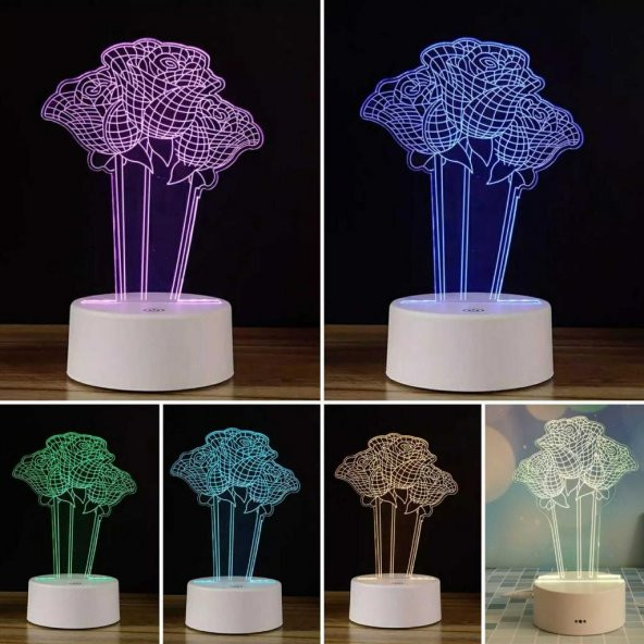 3D Üç Boyutlu Güllü Gece Lambası Dokunmatik Renk Değiştiren