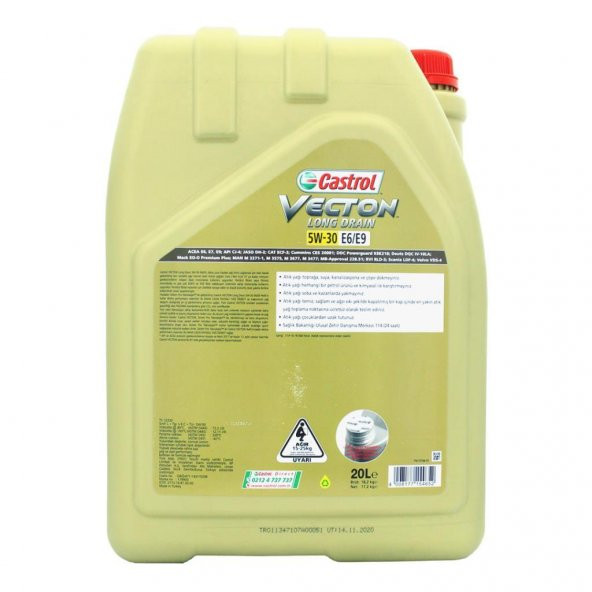 Castrol Vecton Long Drain 5W-30 E6/E9 20 Lt Tam Sentetik Motor Yağı - Resim 2