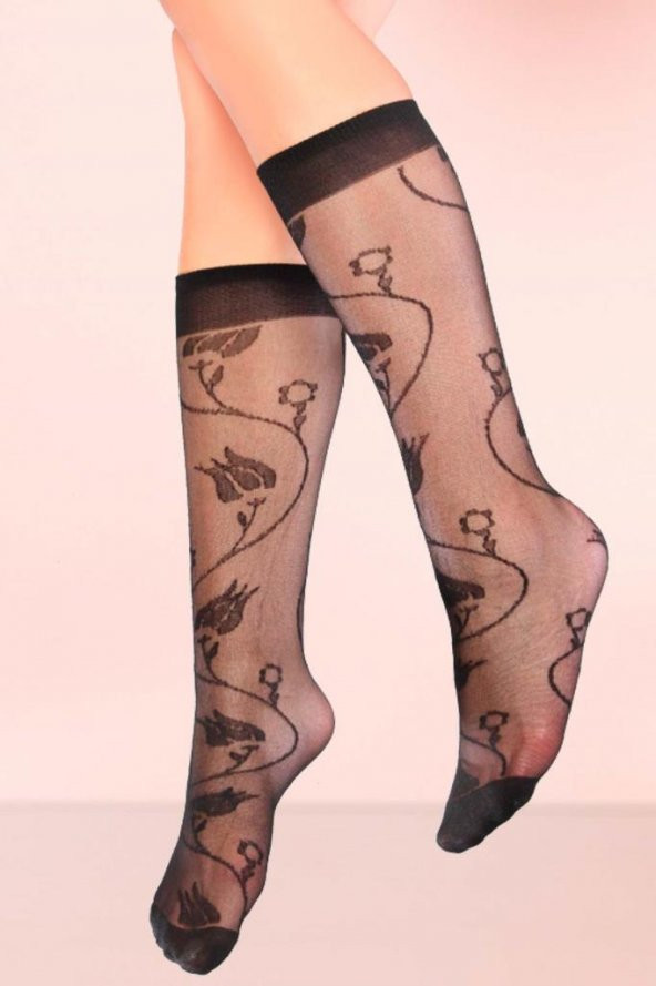 Mite Love Lale Desenli Dizaltı Kadın Çorap Siyah