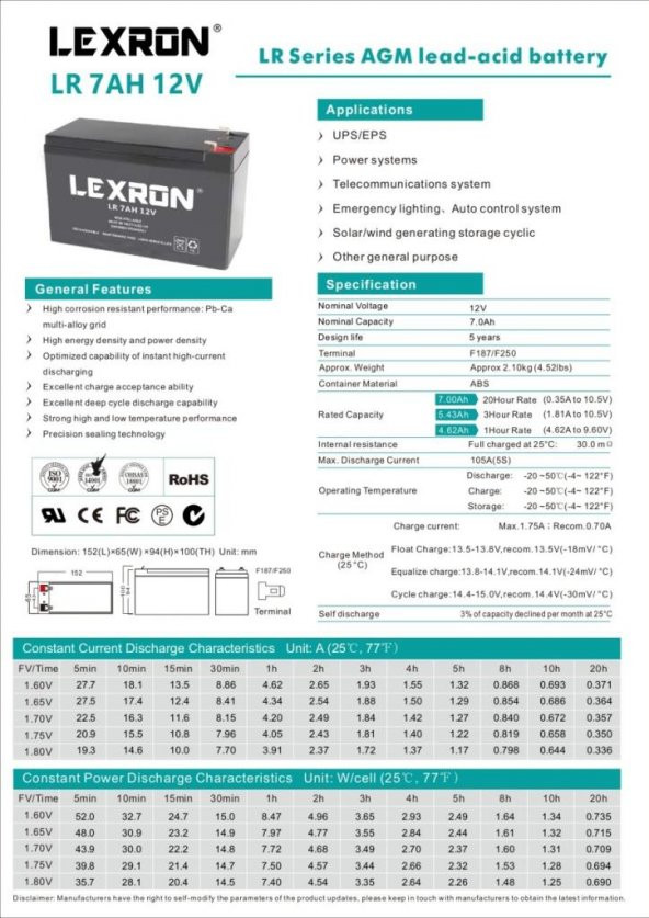 7 AMPER 12V VOLT LEXRON KURU TİP AKÜ - 2