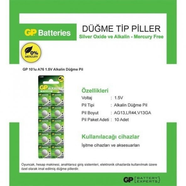Gp GpA76-2C10 Lr44 10 lu Alkalin Pil - 3