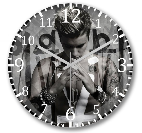 Justin Bieber Duvar Saati Bombeli Gercek Cam