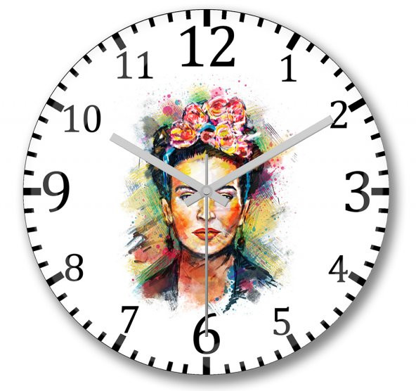 Frida Kahlo Renkli Ciçekli Duvar Saati Bombeli Gercek Cam