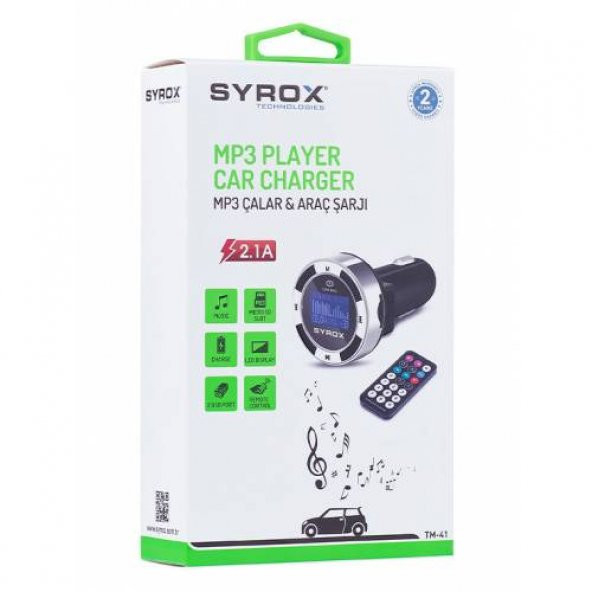 Syrox Mp3-Hafıza Kart-USB Fm Transmitter ve Araç Şarjı 2.1A - SYX - TM41 -