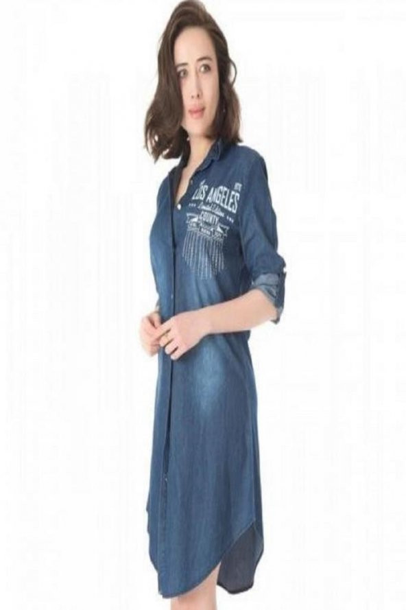 Taşlı ve Baskılı Koyu Mavi Kadın Tunik - 2